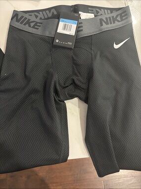Nike Black Compression Pants with Grey Waistband and White Swoosh